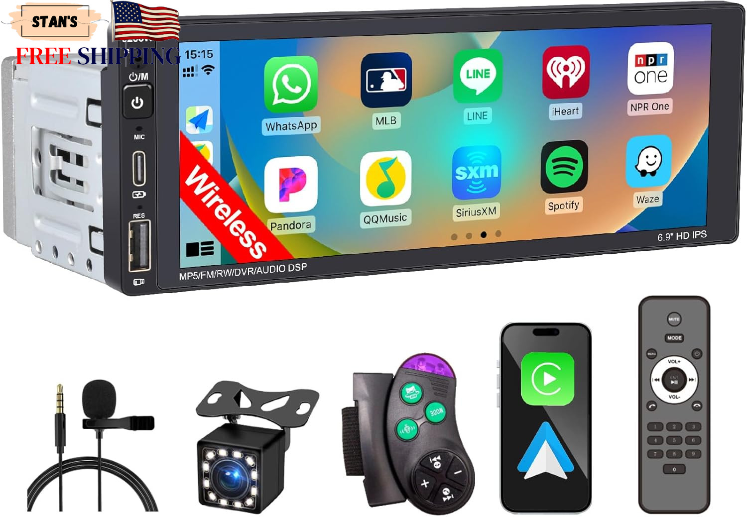 Wireless Single Din Car Stereo with Apple Carplay,Ips Touch Screen Car Radio wit