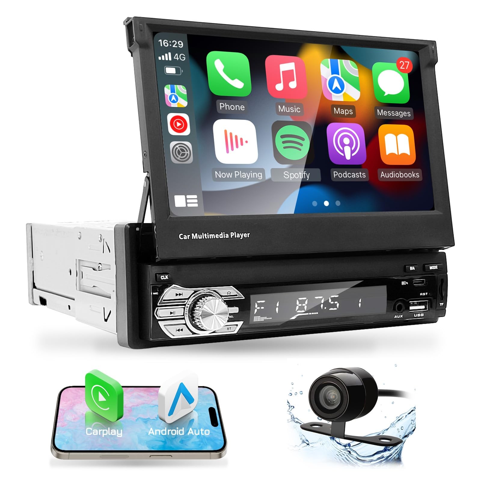 Type-C&USB Single-Din-Carplay& Android-Auto-Car-Radio 7-inch Flip Out Touchsc…
