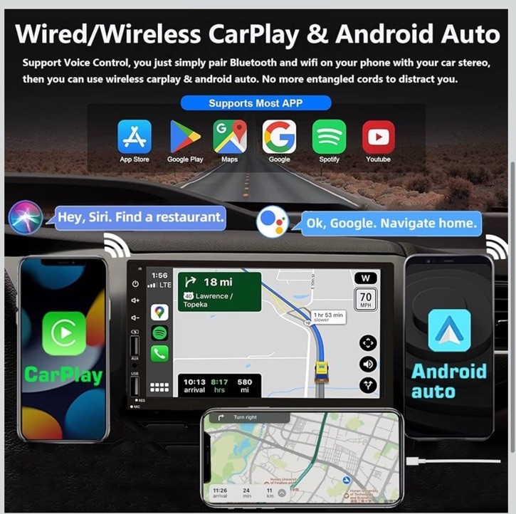 🔥7” Double Din Car Stereo with Wireless Apple CarPlay & Android Auto W Remote