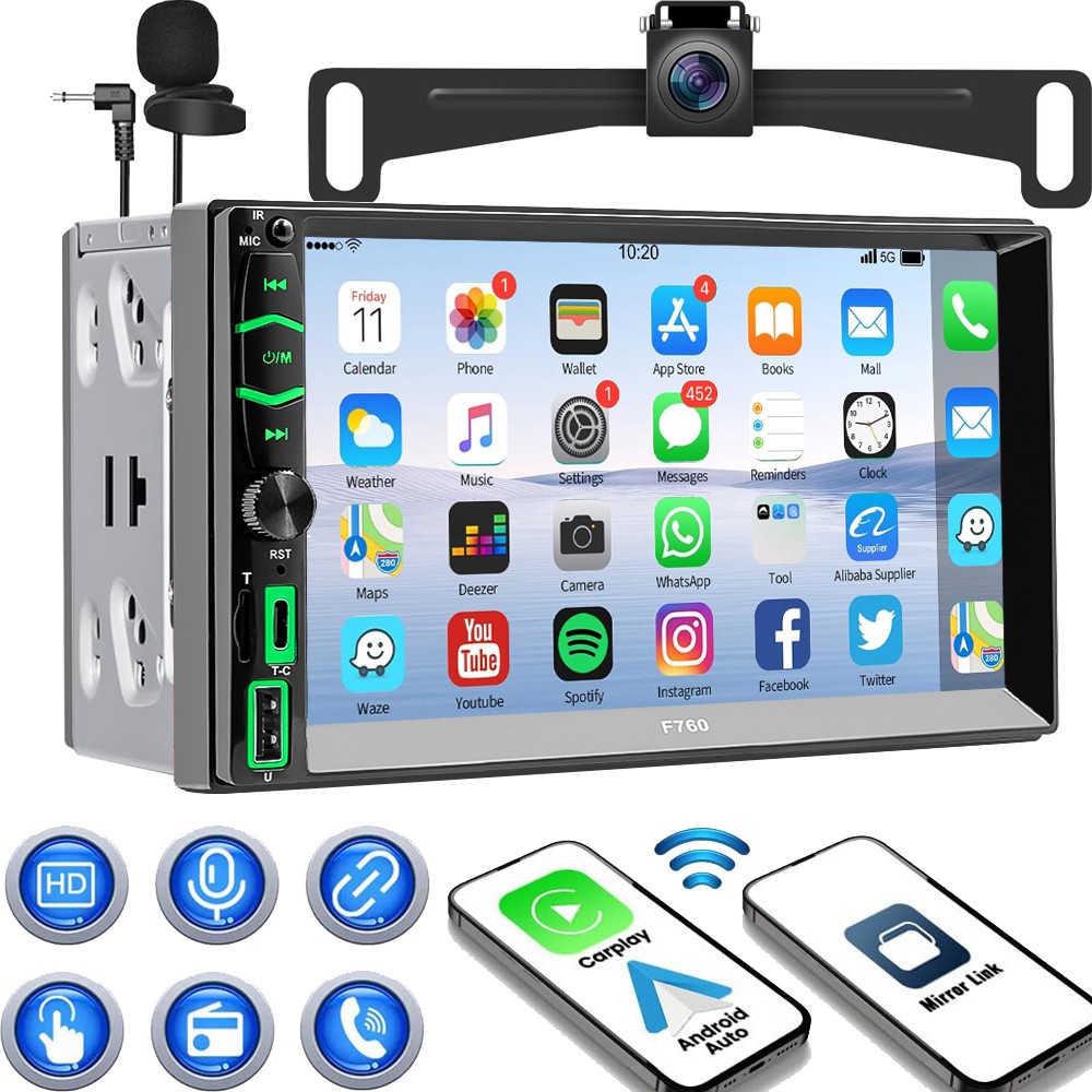 7inch 2Din Car Stereo Radio MP5 Player Wireless Apple CarPlay & Android AUTO+cam