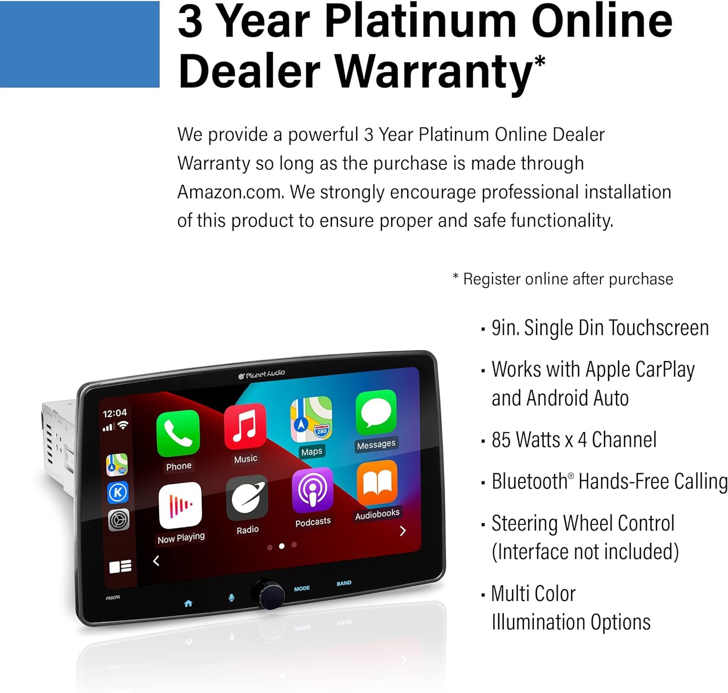 Planet Audio 1DIN 9″ Car Stereo w/ AM/FM Apple Carplay Android Auto Bluetooth