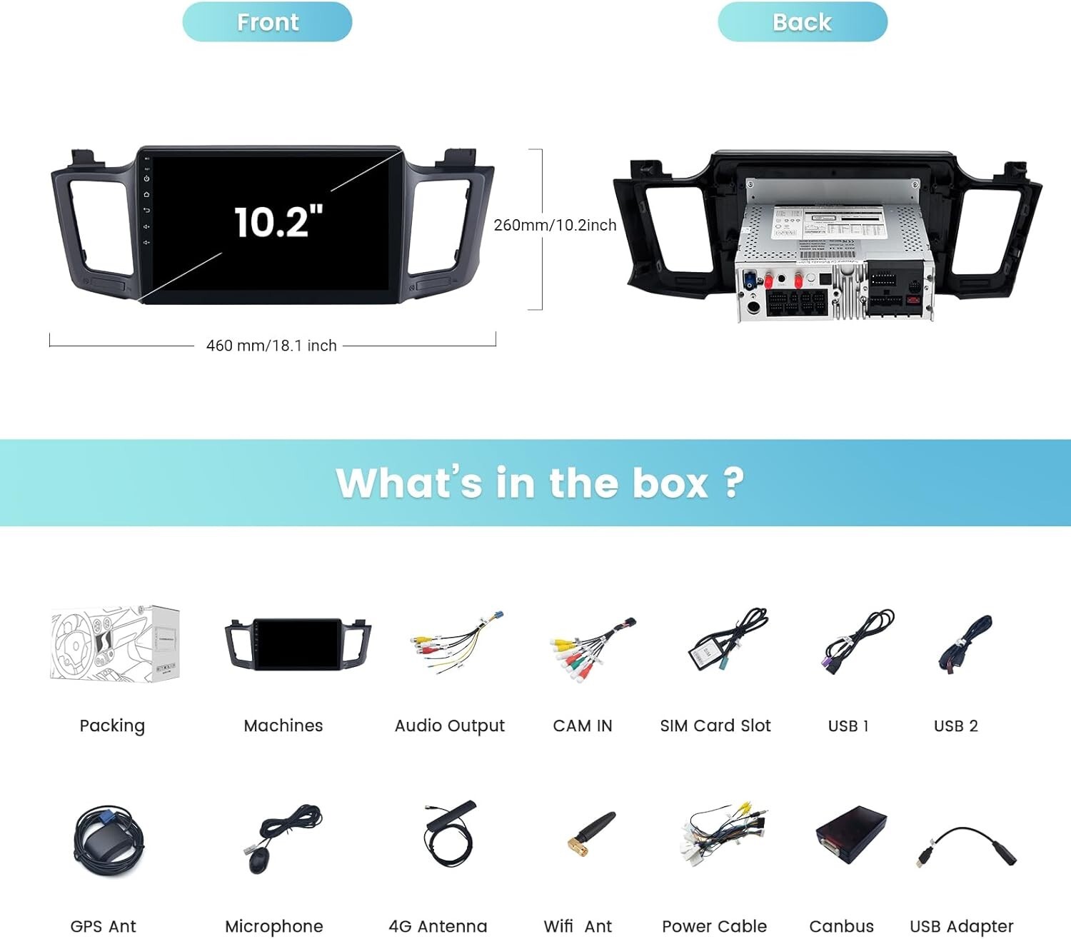 Roadanvi 10.2″ Radio for Toyota RAV4 2013-2018 Apple Carplay Android 12 Car GPS
