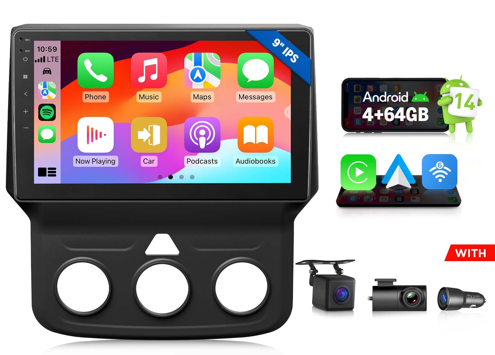 Android 14 4+64GB 9″ Car Stereo GPS CarPlay Radio for Ram 1500 Classic 2019-2024