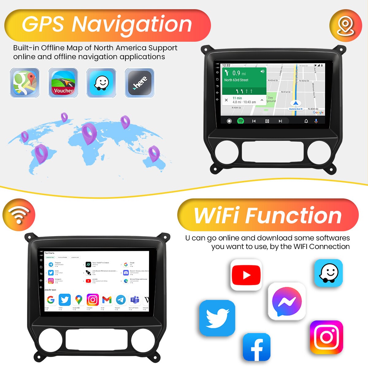 Car Radio Stereo Carplay For 2014-2018 Chevrolet Silverado 4+64G 10in Player FM