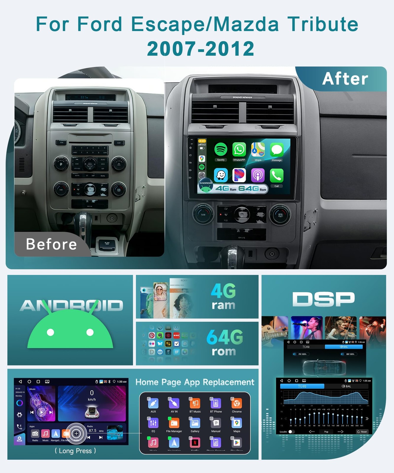64GB Car Stereo Radio Player CarPlay For Ford Escape 2007-2012 1280*800 Auto GPS
