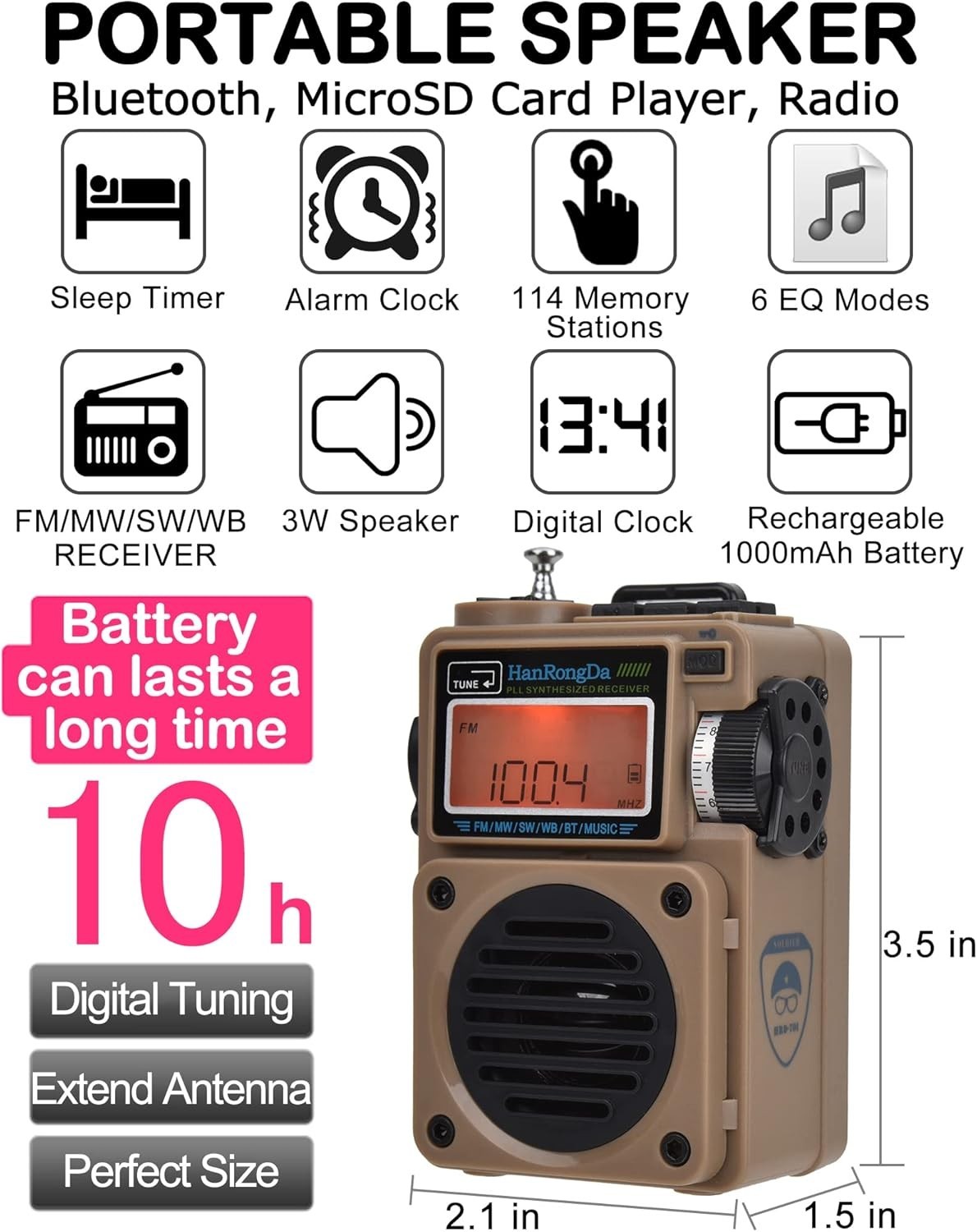 Bluetooth Radio Speaker Support MicroSD FM Shortwave NOAA Alerts Rechargeable…