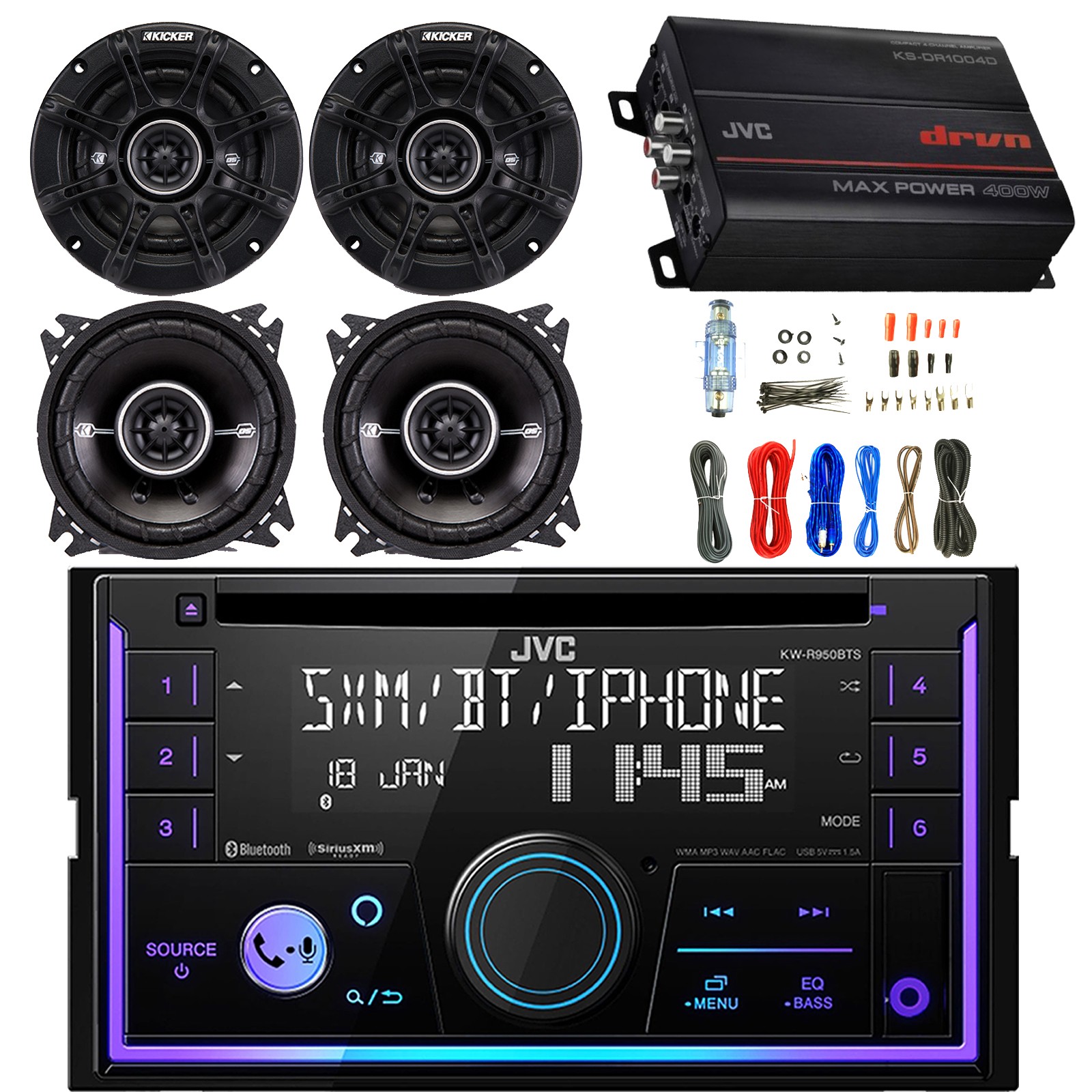 JVC Radio CD Player Receiver, 4x 4″ 120W Speakers, 4-Channel Amplifier W/Kit