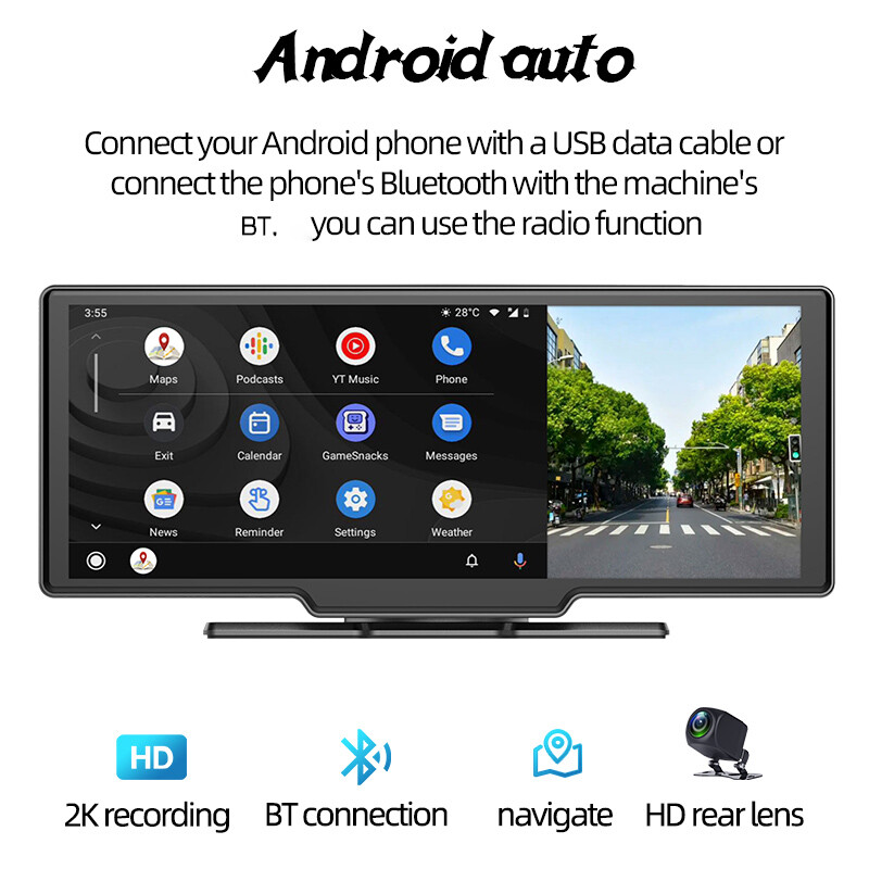 10″ Portable Wireless Carplay/Mirror Car Stereo BT 2K Dash Cam Radio Touchscreen
