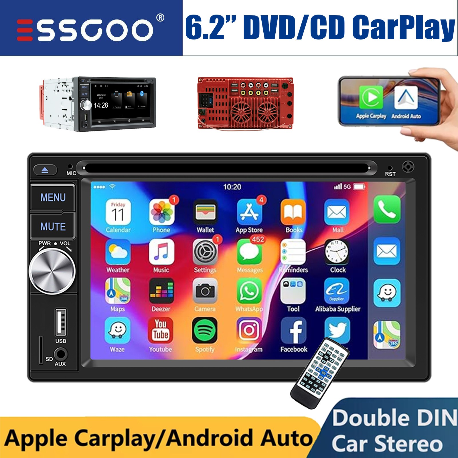 6.2″ Car Stereo Radio DVD CD 2DIN Apple CarPlay FM/AM/RDS Touch Screen Bluetooth