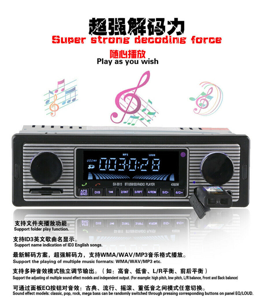 Car Stereo Dual knob Built-in Bluetooth+microphone USB/SD/FM Radio Player&Remote