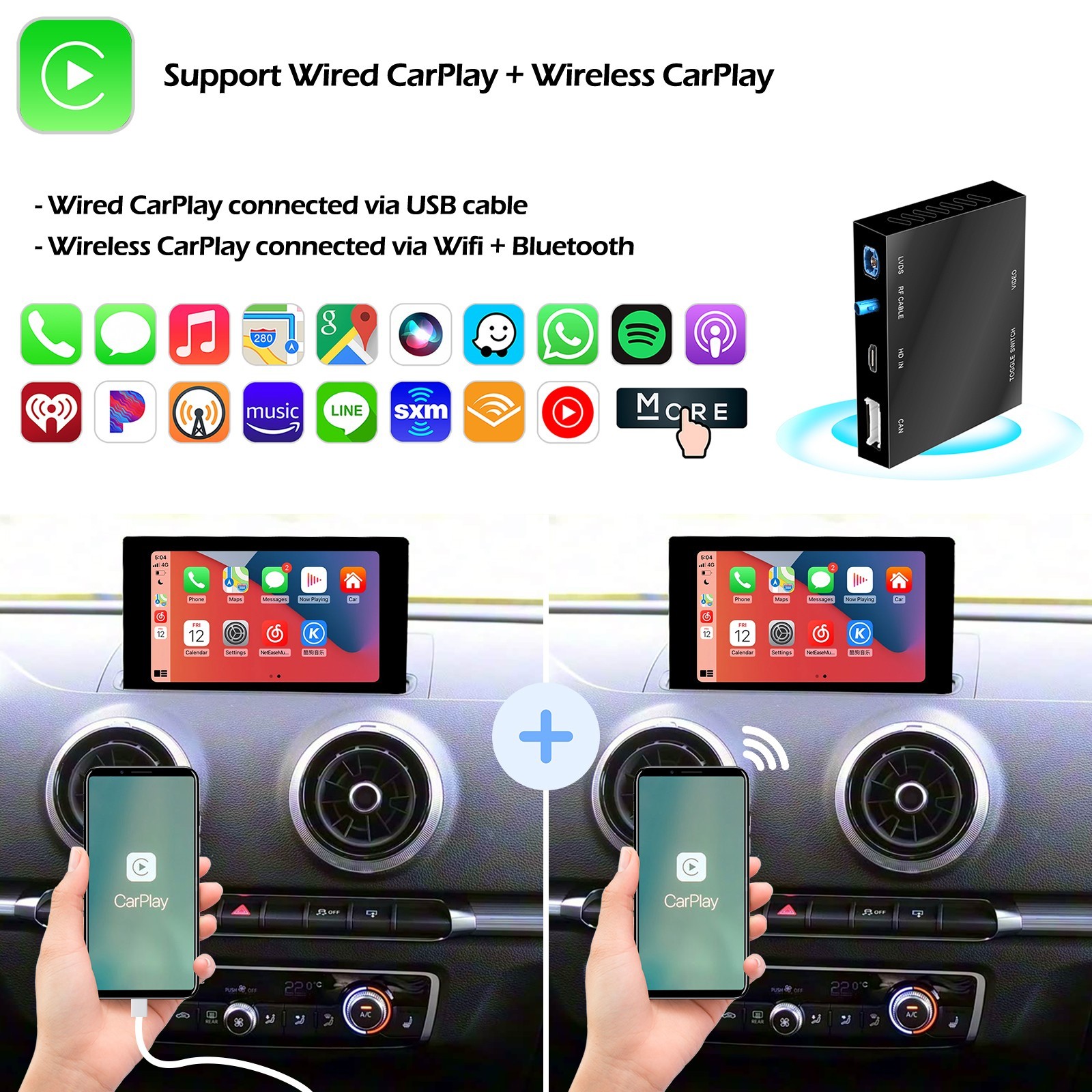 Wireless CarPlay Android Auto + Rear Camera Retrofit Kit Fit for Audi 2010-2019