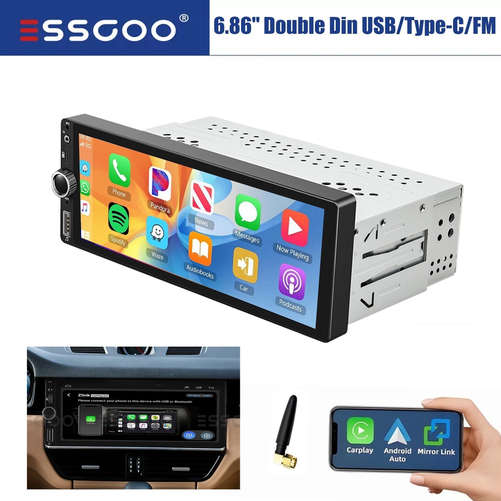 6.8″ Car Stereo Touch Screen Single 1Din Apple CarPlay Head Unit USB/BT/FM Radio