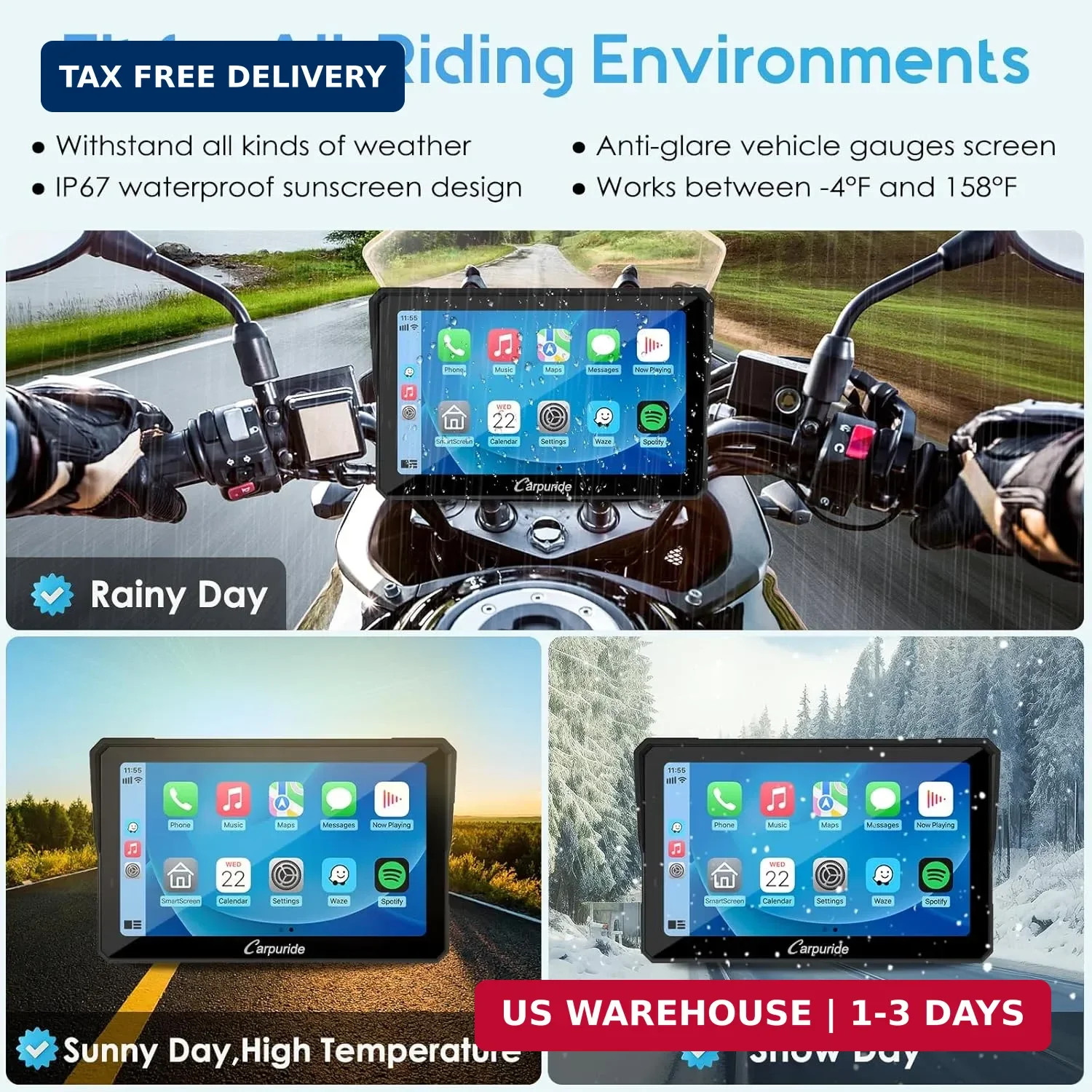 Carpuride W702PRO for Motorcycle CarPlay& Android Auto& Dual Bluetooth – 7″ Wate