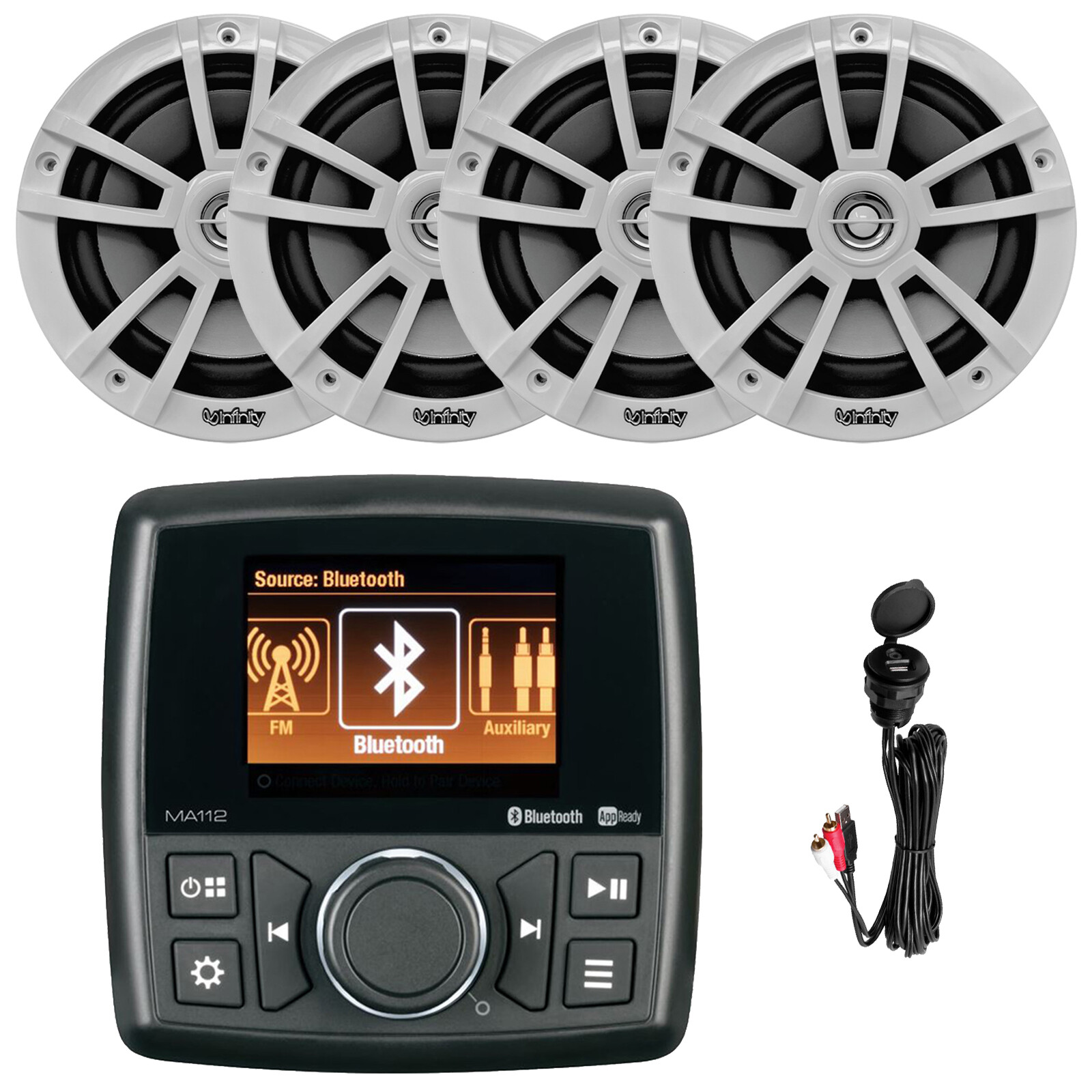 Marine Audio Bluetooth Stereo Receiver, 4x 6.5″ 225W Speakers + USB/AUX Adapter