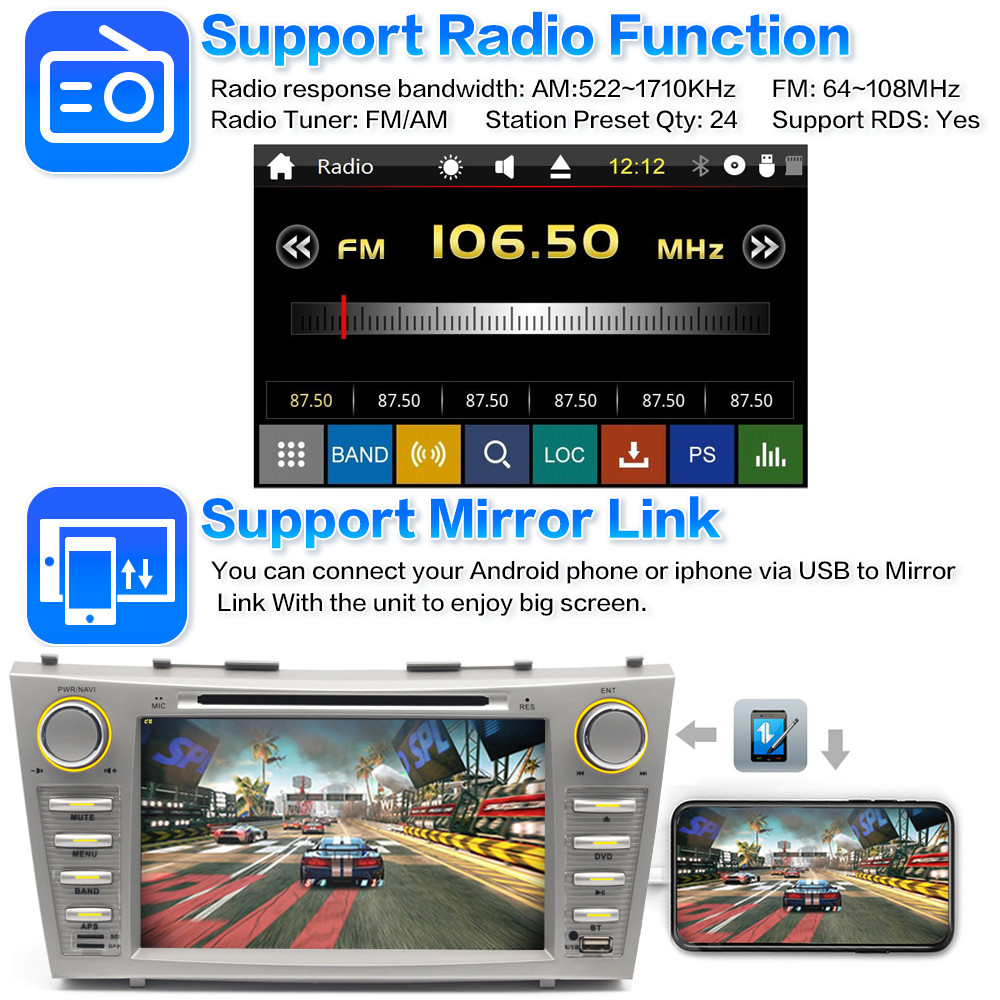 For Toyota Camry 2007 2008 2009 2010 2011 8″ Car DVD CD Stereo AM FM CarPlay GPS