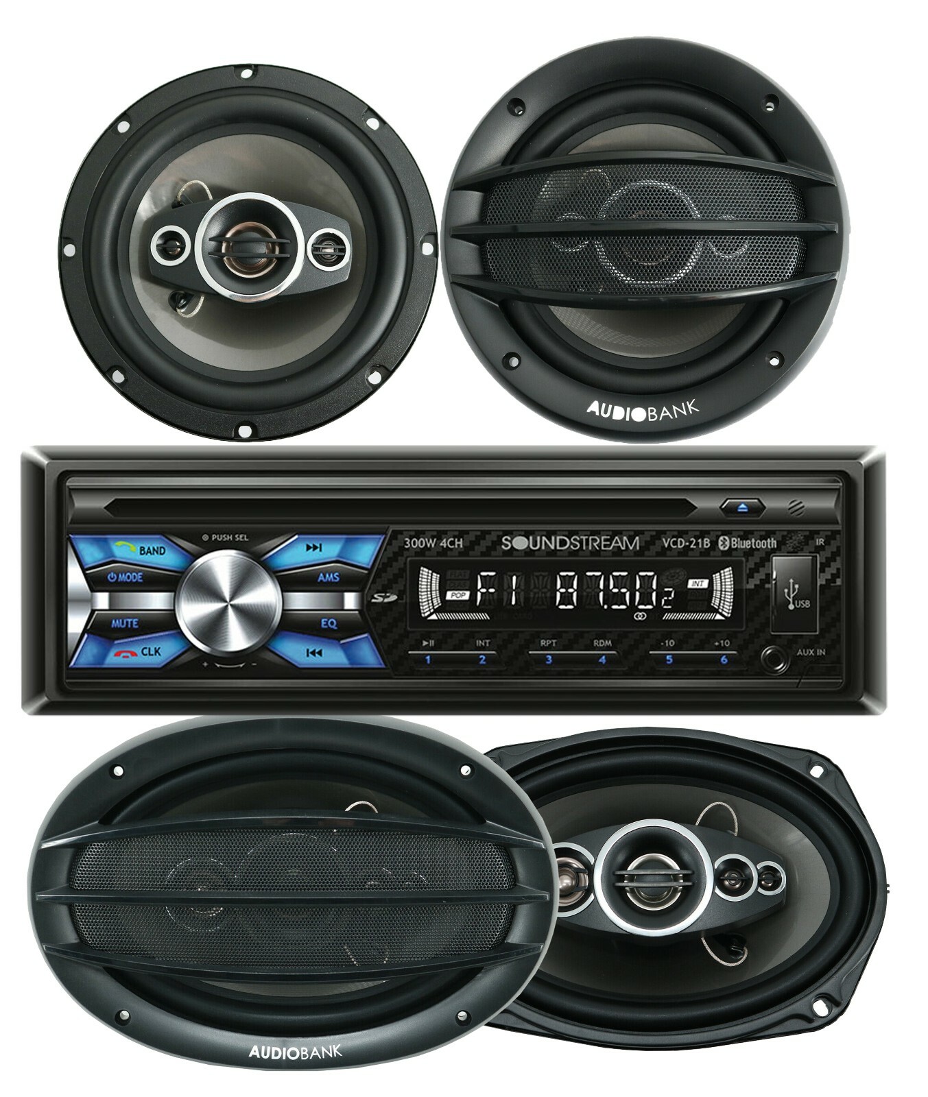 Soundstream VCD-21B 1-DIN CD Player Receiver+ 4x Audiobank 6×9″ & 6.5″ Speakers