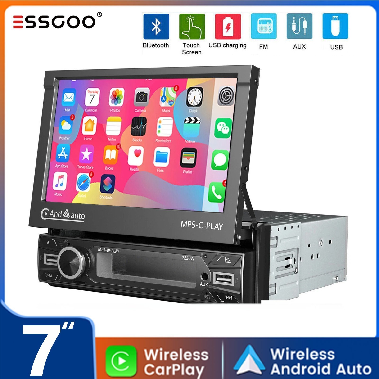 Single DIN 7″ Car Stereo Radio Flip Out HD Screen BT Apple CarPlay Android Auto
