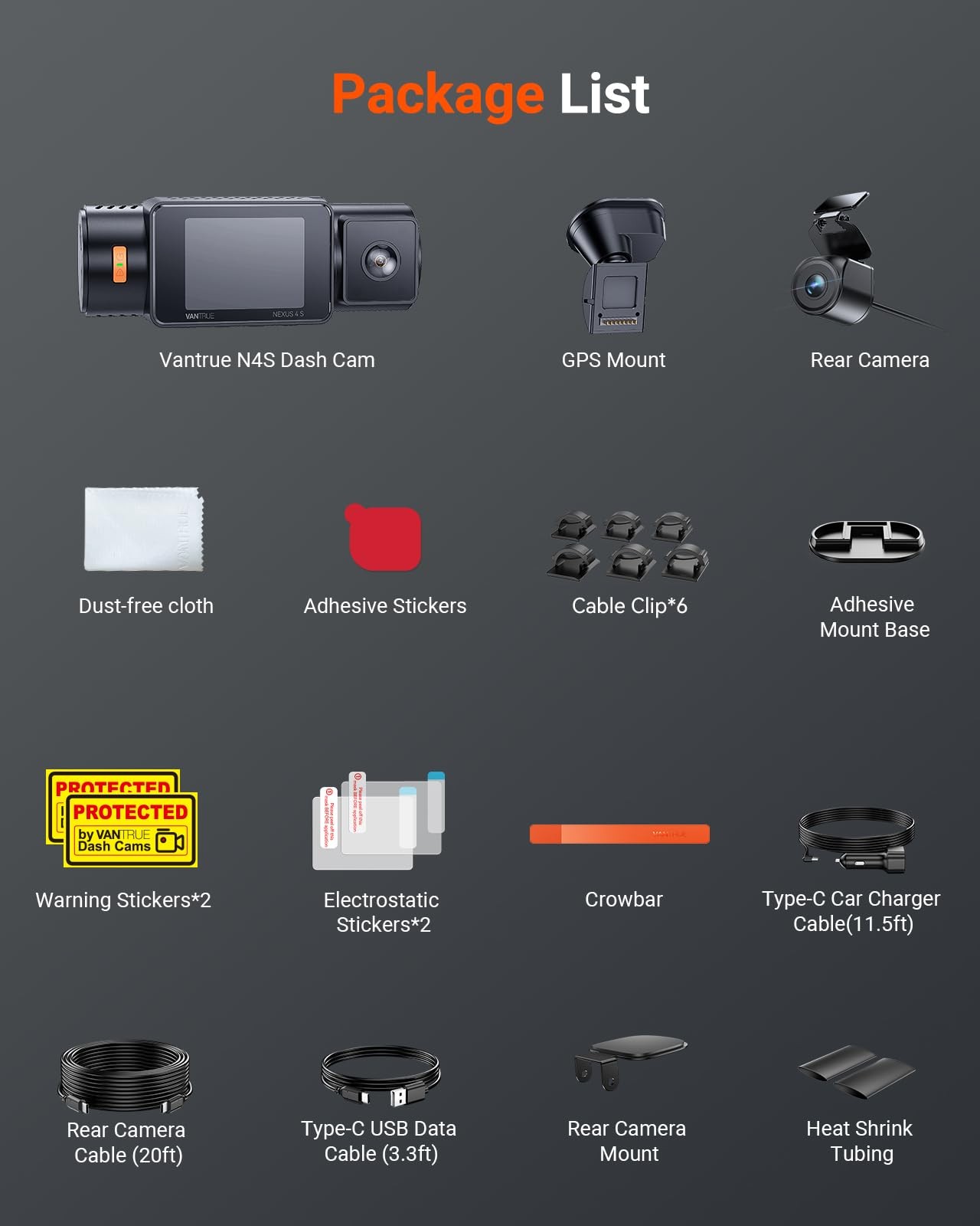Vantrue N4S 3-Channel 2.7K+1440P WiFi Dash Cam Front Inside Rear GPS IR Night Vi