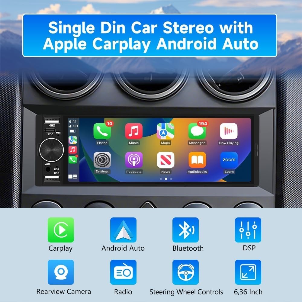 Single Din Car Stereo Universal, 6.36 Inch CarPlay & Android Auto IPS Touchsc…