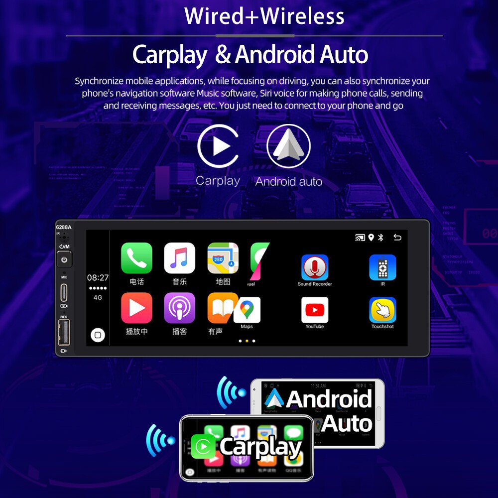 6.9″ Wireless Carplay Single Din Android GPS WiFi Touch Screen Car Stereo Radio