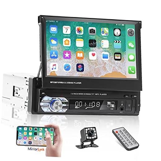 Bluetooth Single Din Car Stereo 7 Inch Retractable Touchscreen with Mirror Link