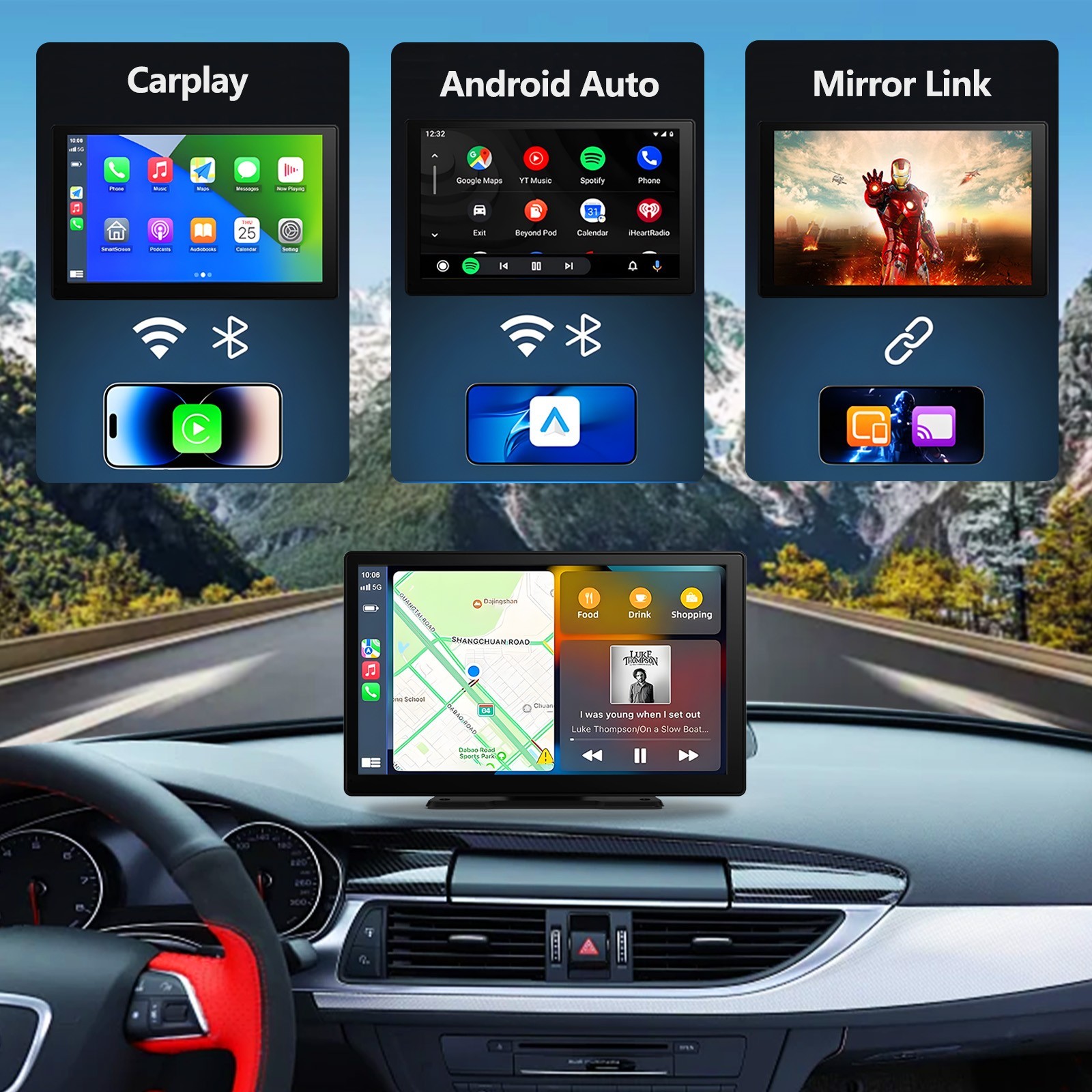 9 Inch Touch Screen Portable A-pple CarPlay & Android Auto Car Stereo + Rear Cam