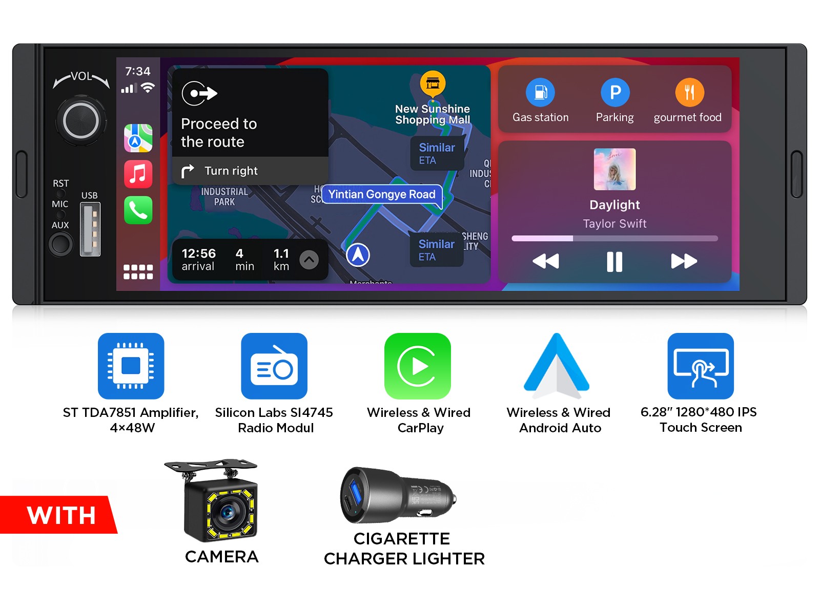 6.28″ 1 DIN Car Stereo Wireless Apple CarPlay Android Auto Multimedia Player SWC