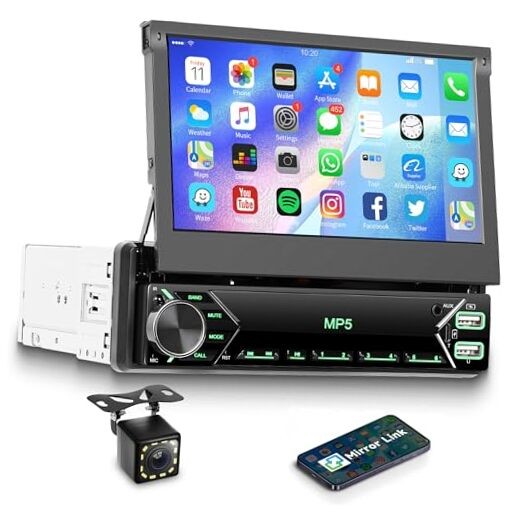 Single Din Flip Out Car Radio with Manual Retractable Screen with Mirror Link