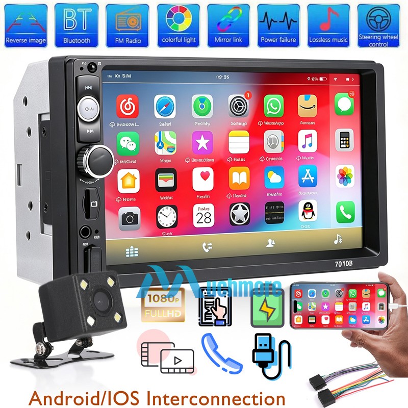 7″ Double Din Android/IOS Car Stereo Radio Bluetooth MP5 Audio Player w/Rear Cam