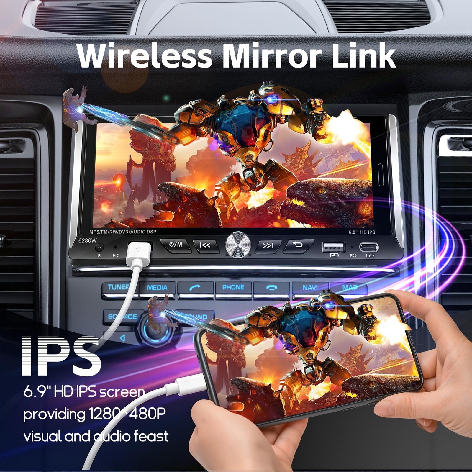 Single Din Radio Car Stereo with Wireless Apple Carplay & Android Auto, 6.9″ …