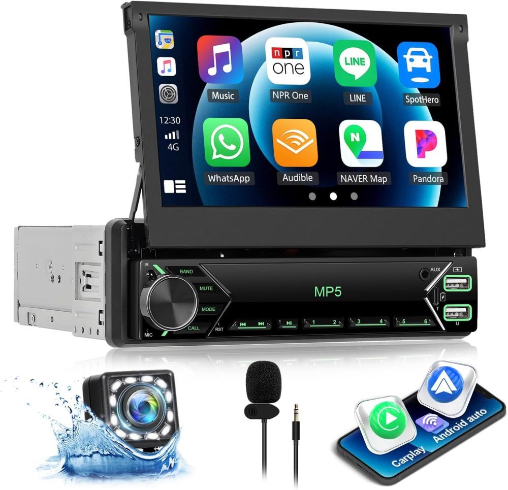 Single 1DIN 7″ Car Stereo Radio Carplay Android Auto Flip Out Touch Screen + Cam
