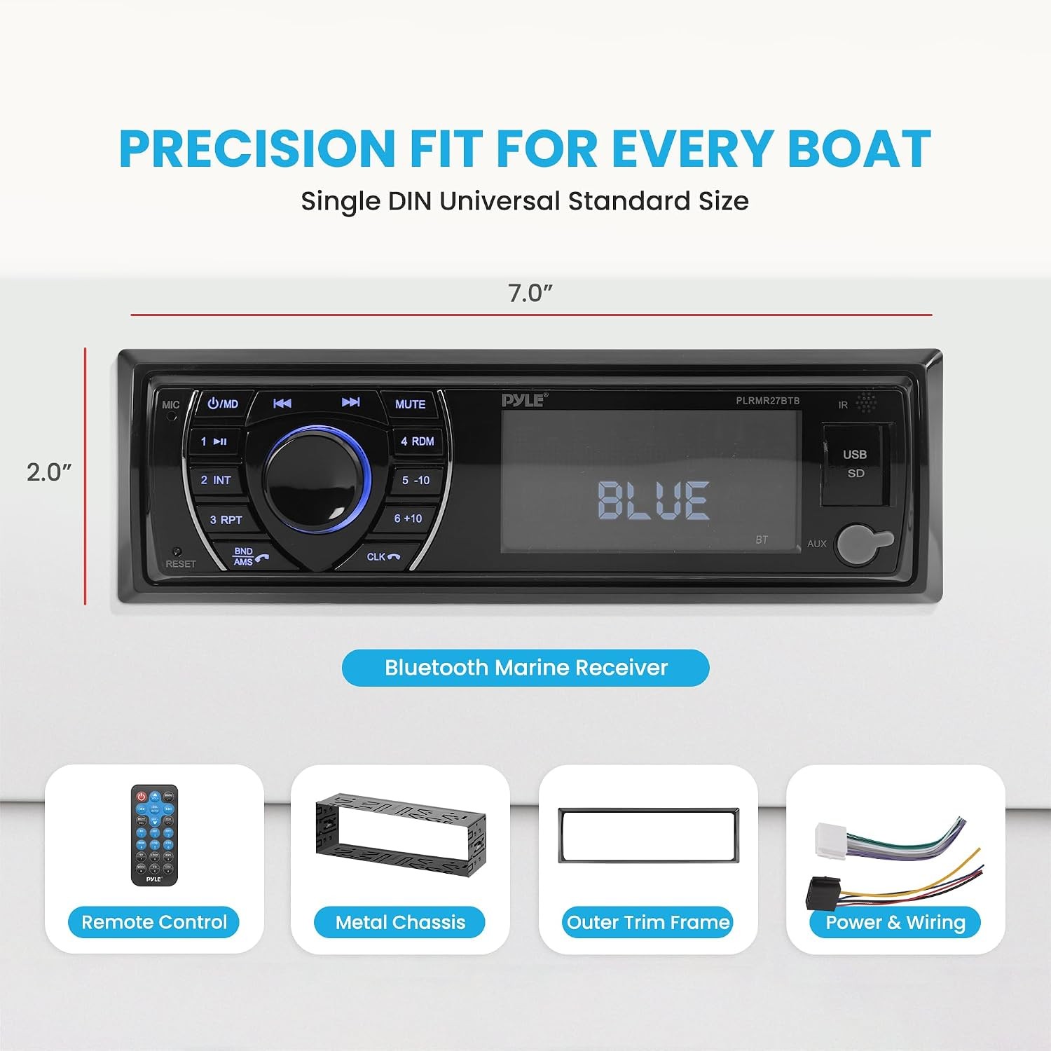 300W Bluetooth Marine Stereo Receiver – Single DIN In-Dash AM/FM Radio with USB/