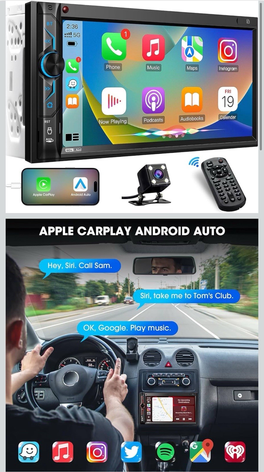 Double Din Car Stereo 7” Touchscreen CarPlay Android Auto Bluetooth Backup Cam