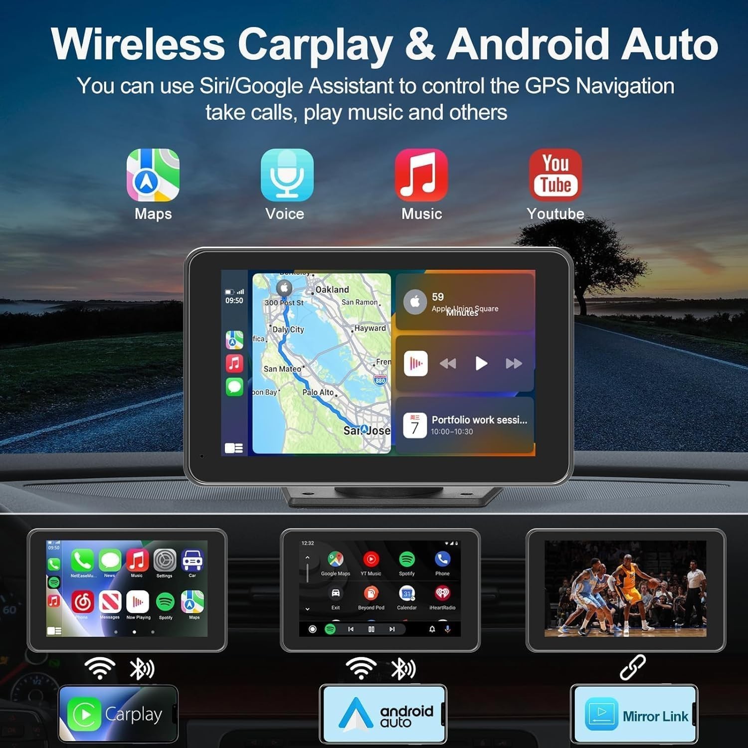 Wireless CarPlay Android Auto Car Stereo 7in Touch Screen Backup Cam Bluetooth