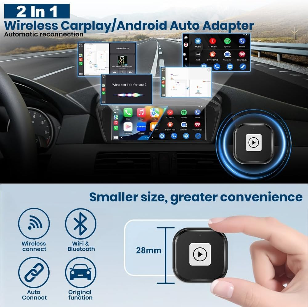 Mini 2-In-1 Wireless Carplay & Android Auto Adapter for Ios 10+ & Android 11+, P