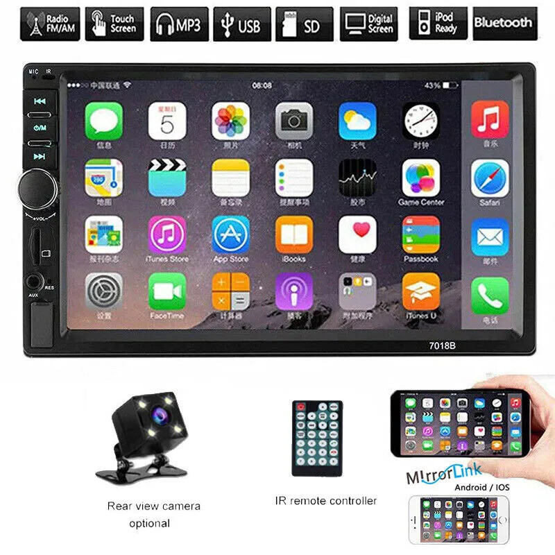 7" Double 2DIN Car MP5 Player B-T Touch Screen Stereo Radio + 4led Camera