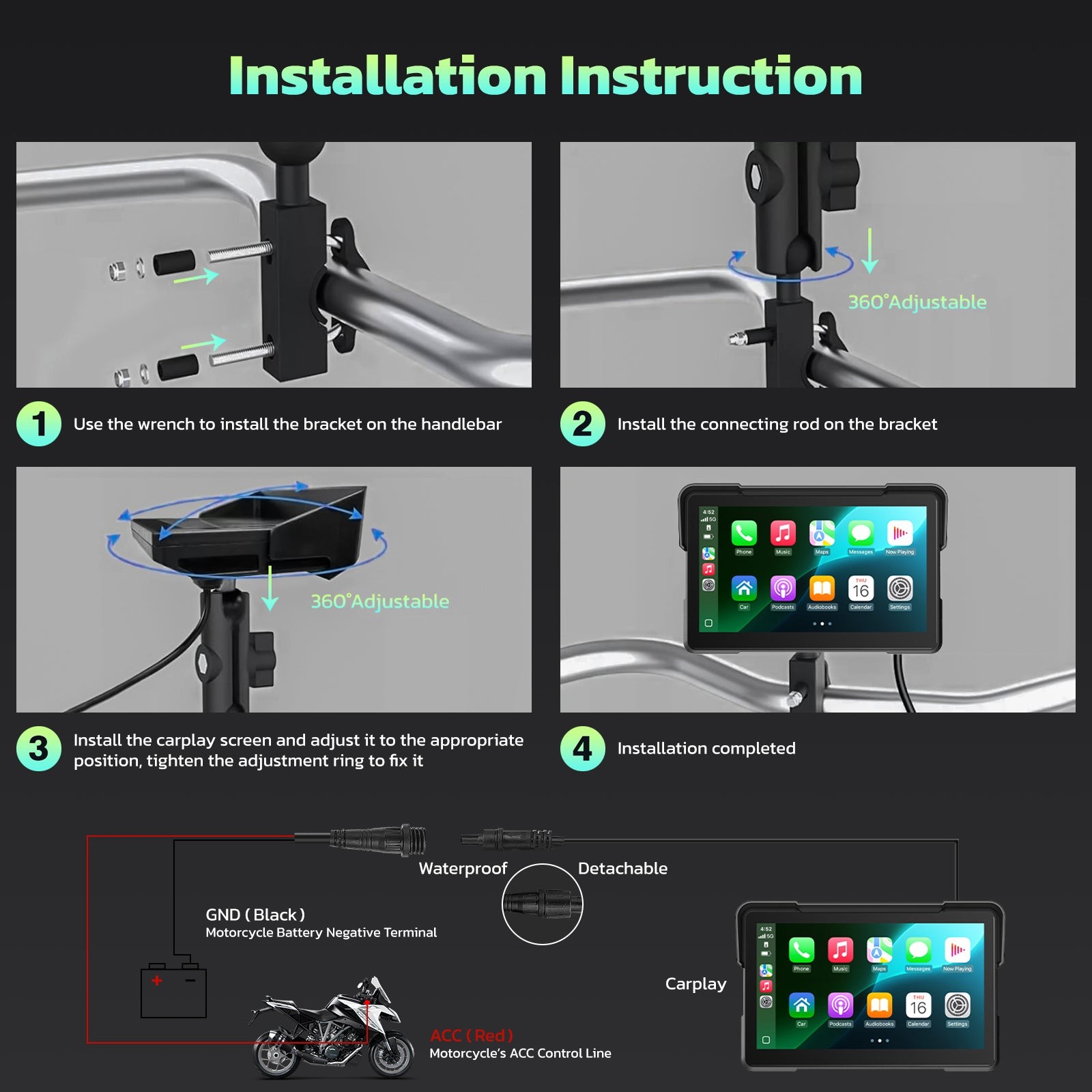Portable Carplay Wireless Motorcycle Navigator Waterproof 7” Touch Screen