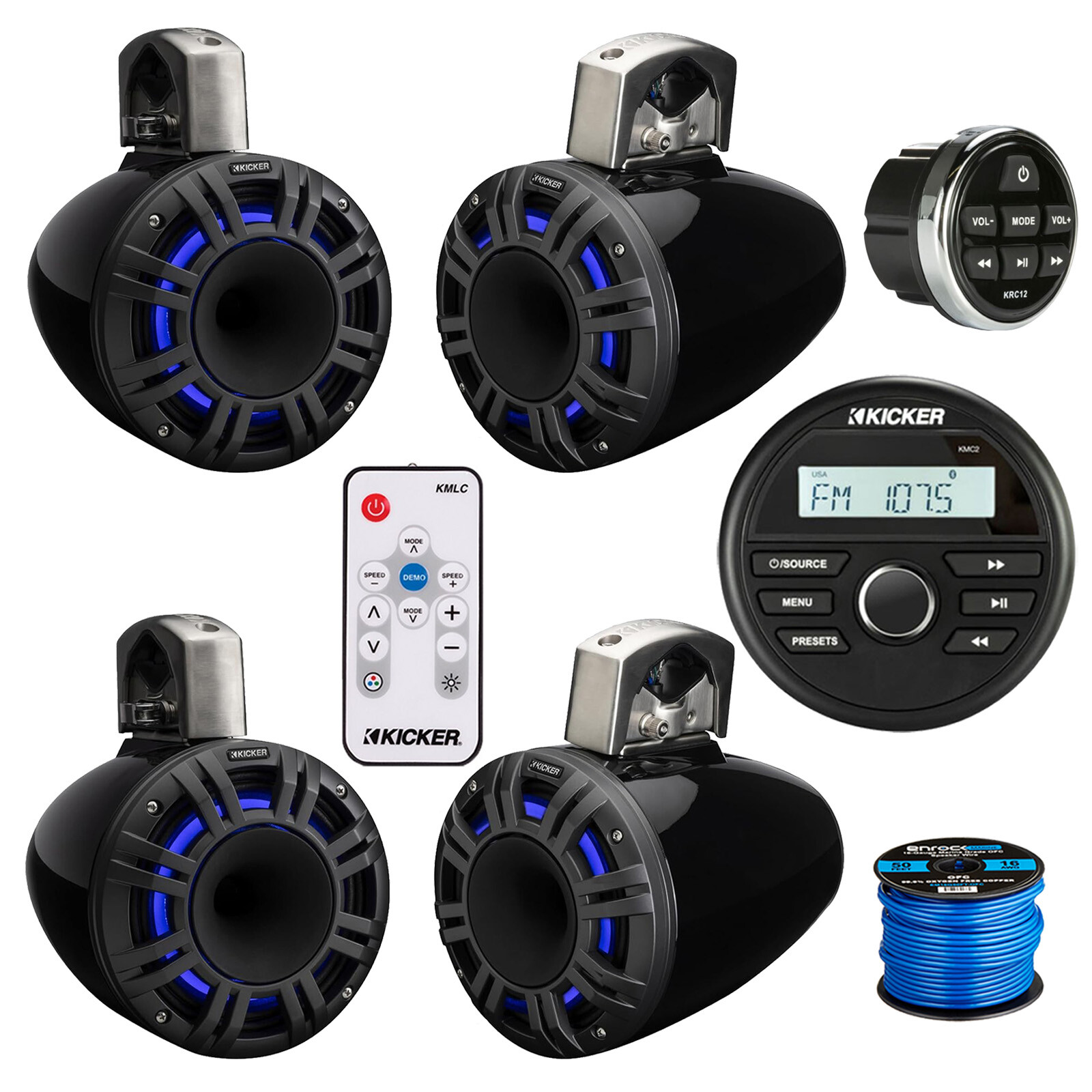 Kicker Marine Receiver,Remote, 4x 6.5″ 300W LED Marine Speakers, Remote, Wire