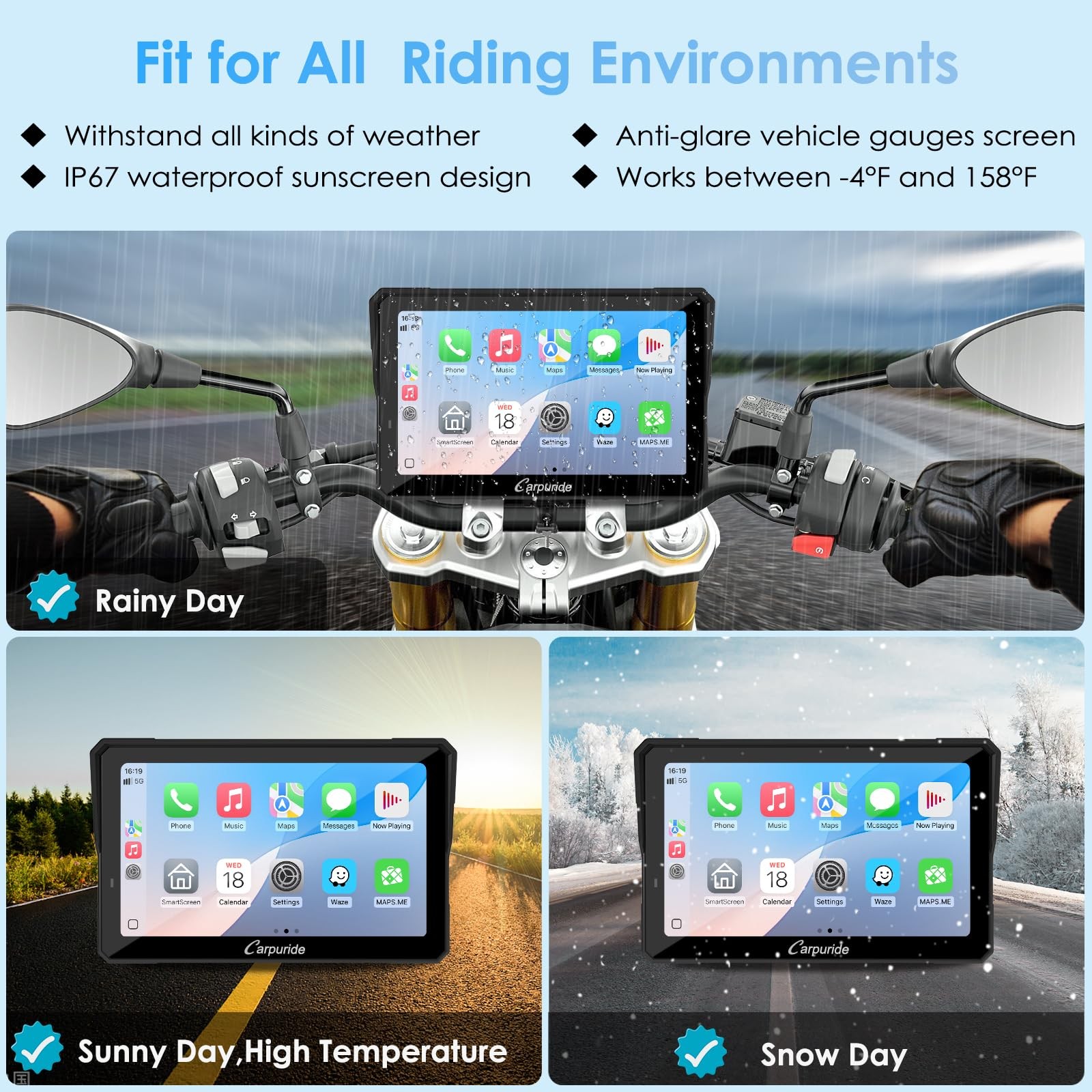 Carpuride W702S PRO 7″ Motorcycle Wireless CarPlay Android Auto GPS Screen