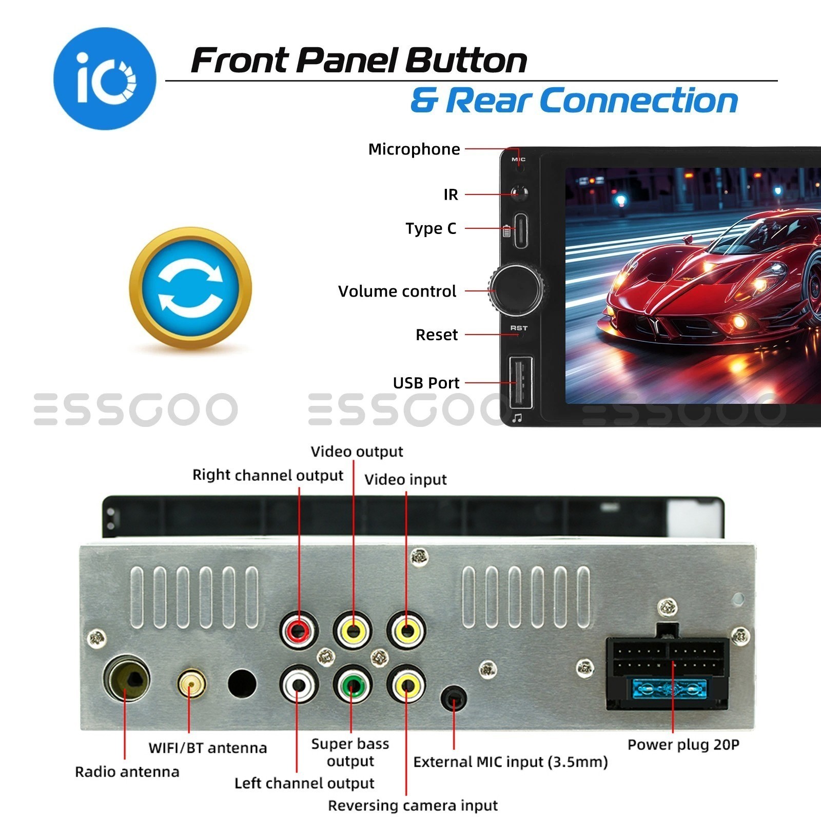 6.8″ Car Stereo Touch Screen Single 1Din Apple CarPlay Head Unit USB/BT/FM Radio