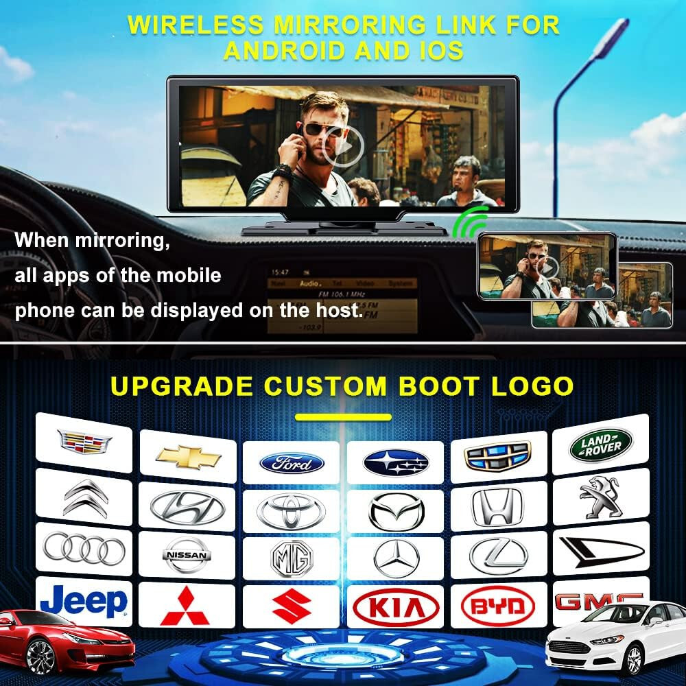 9.3″ Portable Car Radio with Dashcam, Wireless Carplay Car Stereo Android Auto