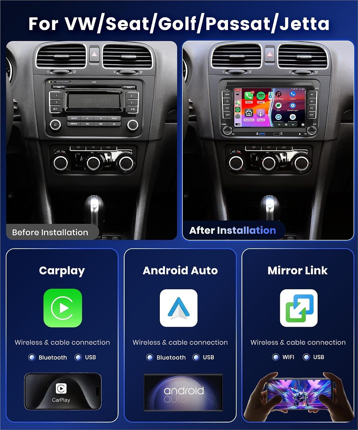 DSP 2G+64G Car Stereo with 7-Inch Touch Screen for VW Models & Safety Features