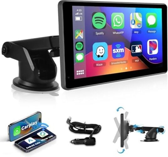 Wireless Carplay Screen for Car,7inch 1080P HD IPS Touch Screen Portable Car