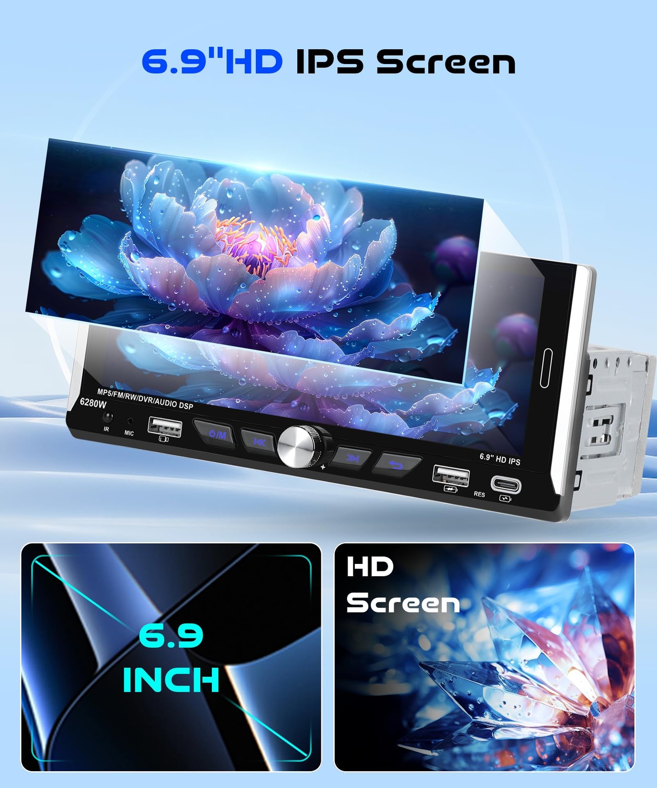 6.9-inch Single Din Car Stereo Wireless Carplay,1280X480P IPS Touch Screen Ca…