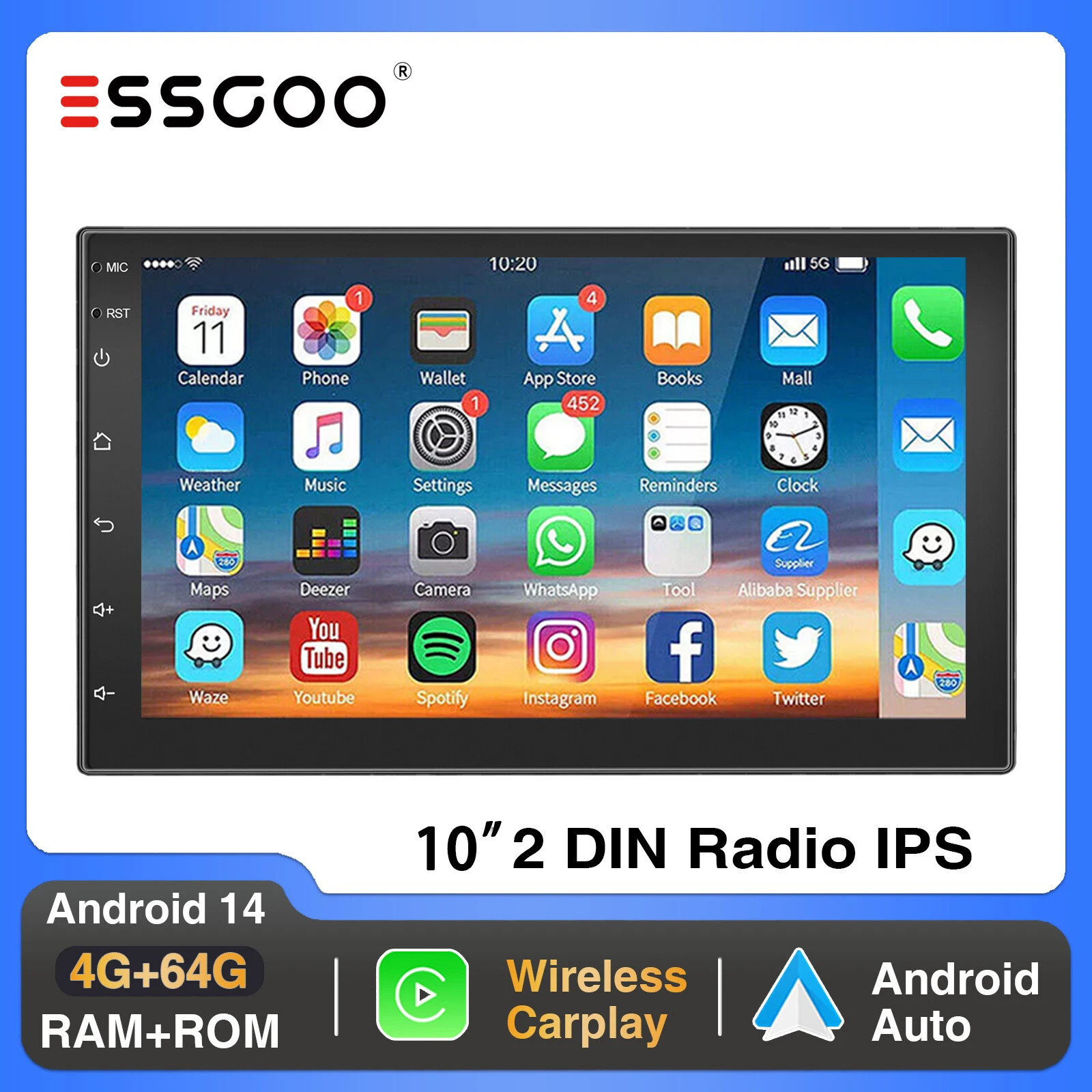 10″ Car Stereo 4+64G Carplay Android 14 Double 2DIN IPS Touch Screen BT Wifi GPS