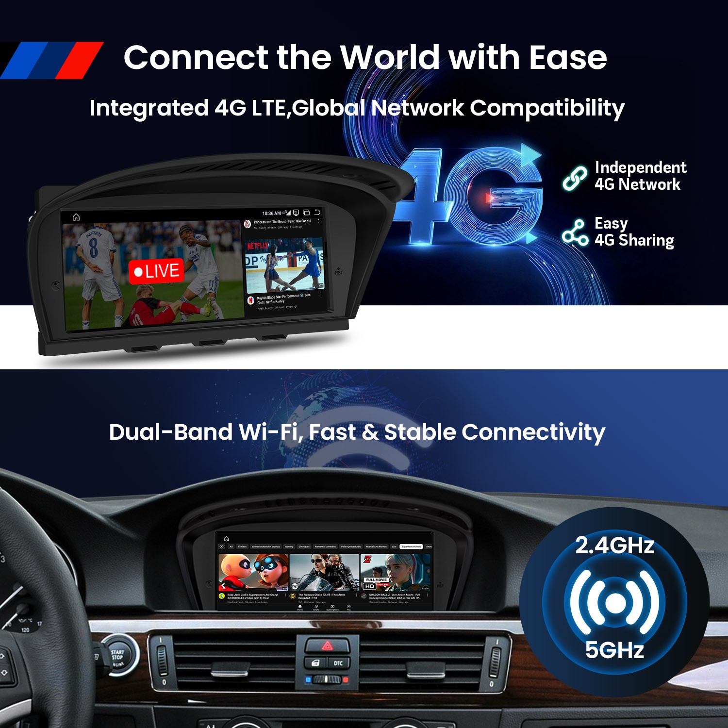 10.1″QLED Single 1-DIN Android 13 64G Car Stereo GPS Radio Sat Navi 4G LTE WiFi