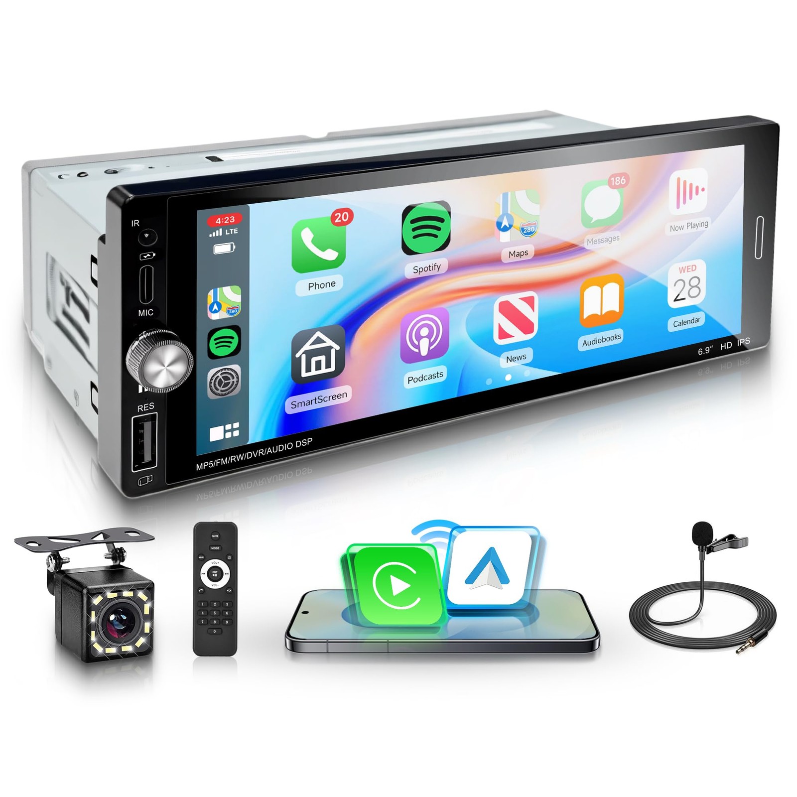 Car Stereo Single Din Wireless Carplay 6.9 inch Touch Screen Android Auto, Ca…