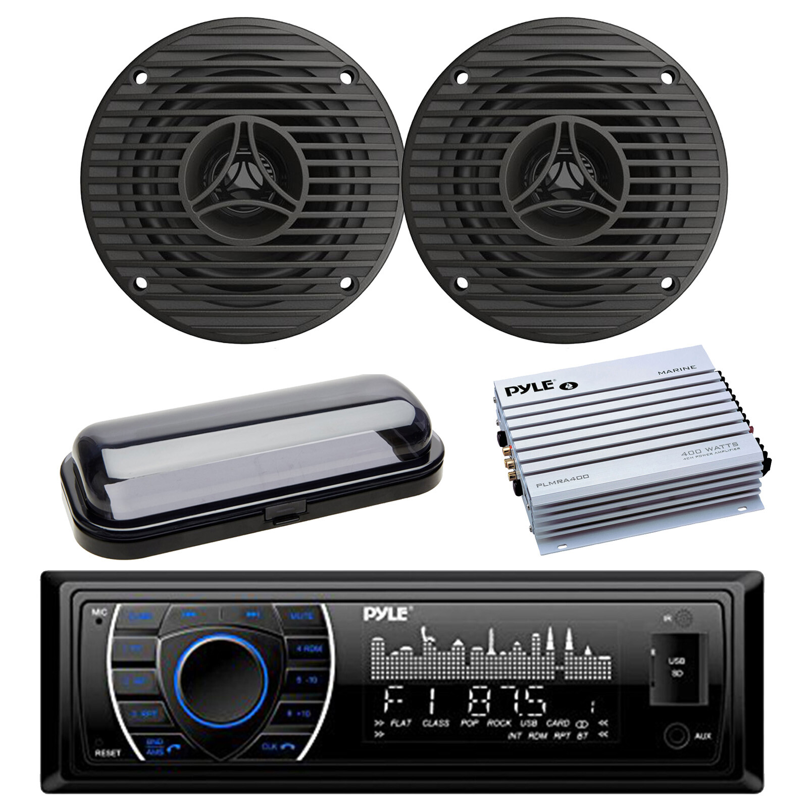 Pyle Marine Bluetooth Receiver, Amplifier, Cover, 2x 3.5″ 75W Full Range Speaker