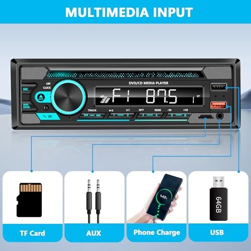 Single DIN CD/DVD Car Stereo with Bluetooth Hands-Free Calling, Push-to Black
