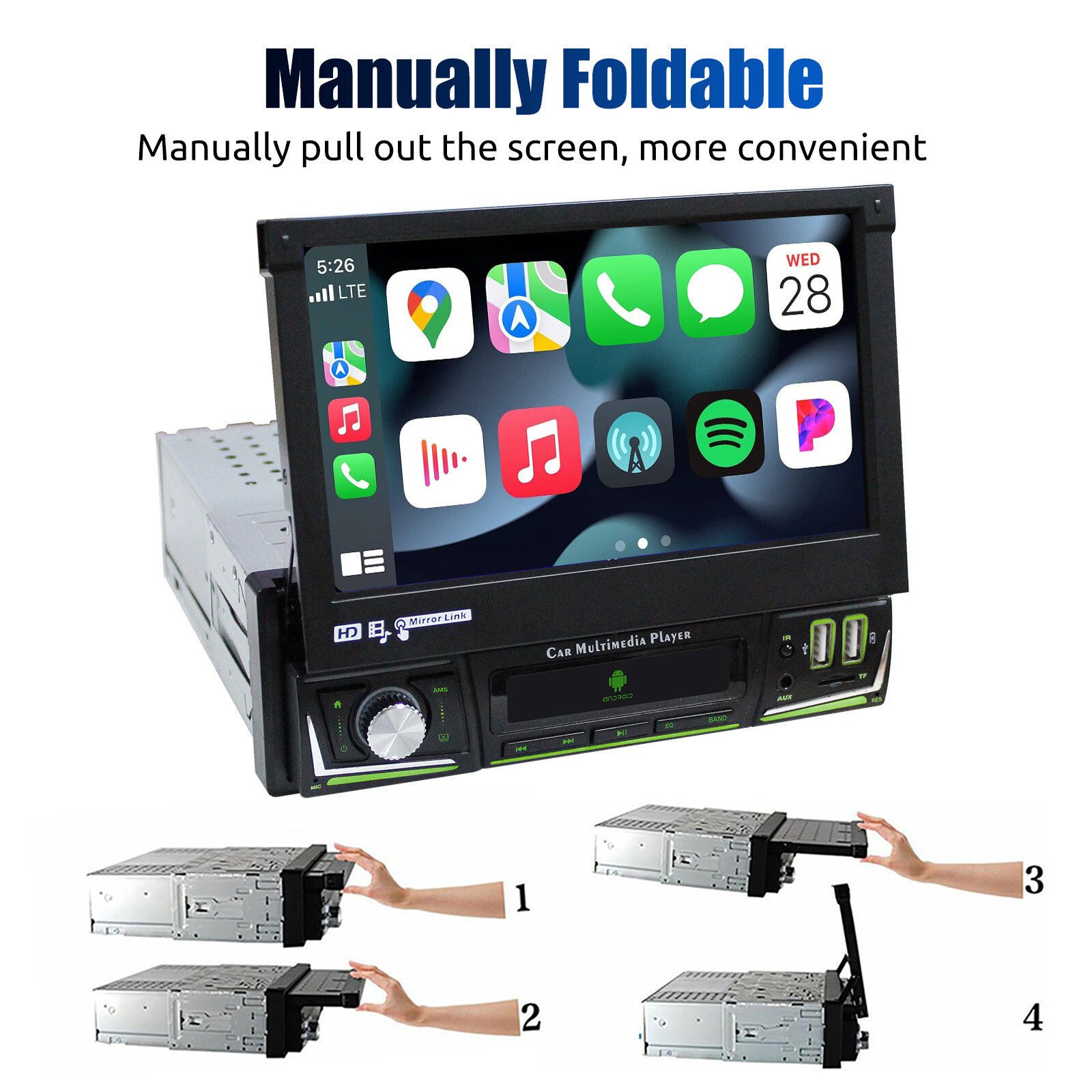 4+64G 1 DIN 7″ Flip Out Android 13 Carplay Car Stereo Radio GPS Navi WIFI FM Cam